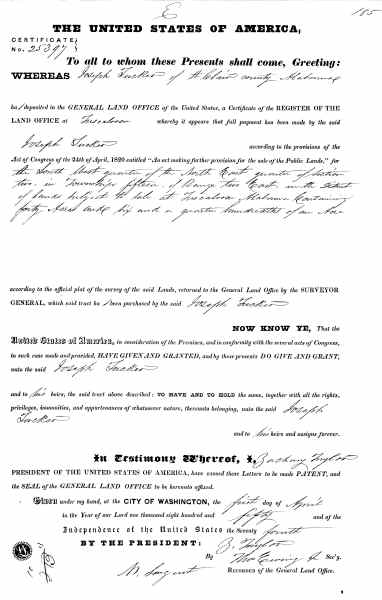 The 1850 United States land patent granting Joseph Tucker forty acres in Section 2, Township 15-South, Range 2-East, St. Clair County, Alabama — signed by President Zachary Taylor.